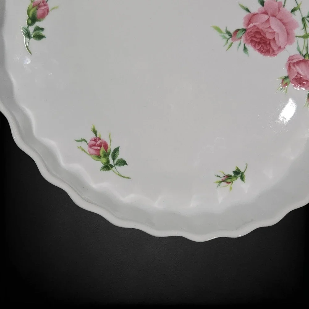 Vintage White Pink Floral Beveled Porcelain 9.5 Inch Quiche Tart 1950s Pie Pan
